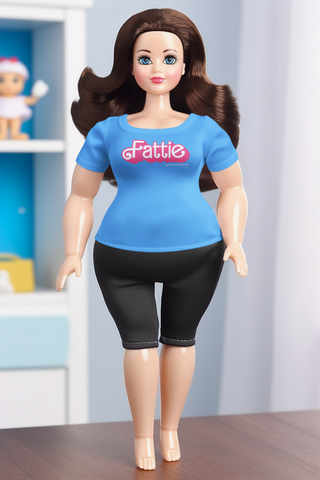 A curvy doll wearing a blue t-shirt that reads Fattie in pink in a font similar to Barbie